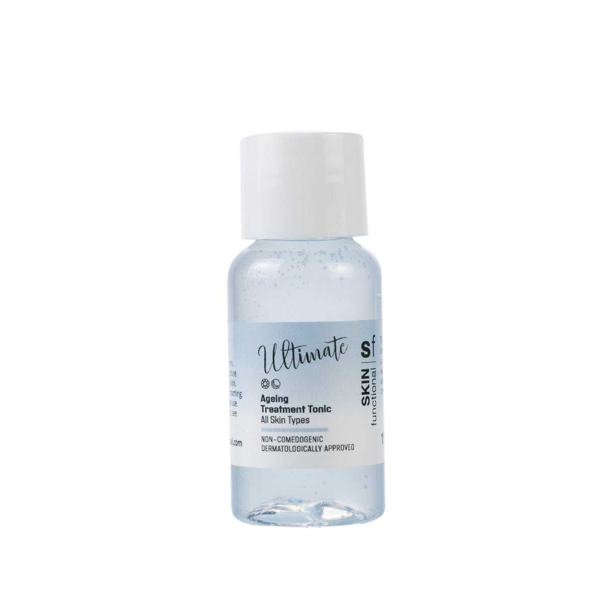 Skincare bottle with a white cap on a white background