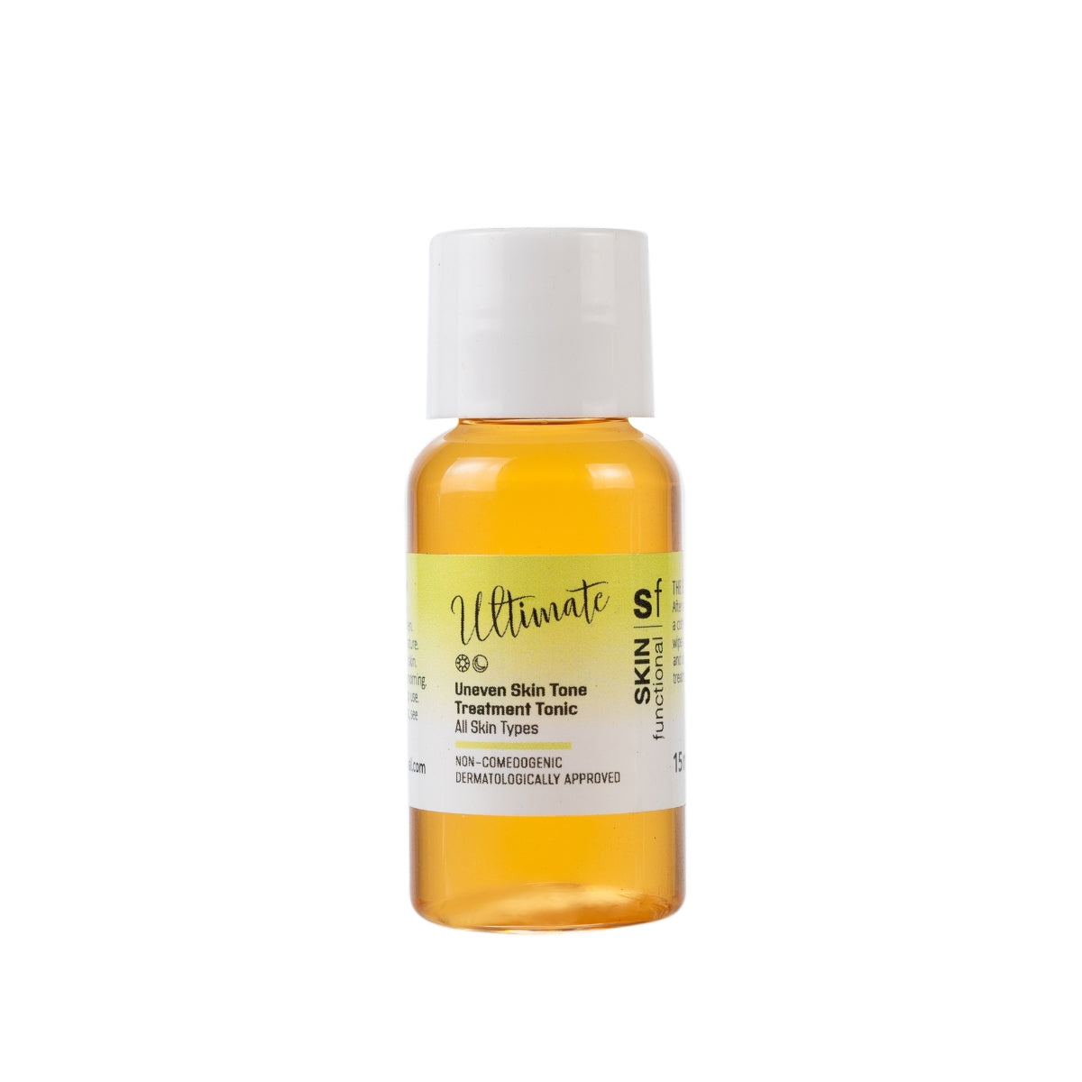 Skincare bottle with a white cap and yellow liquid on a white background