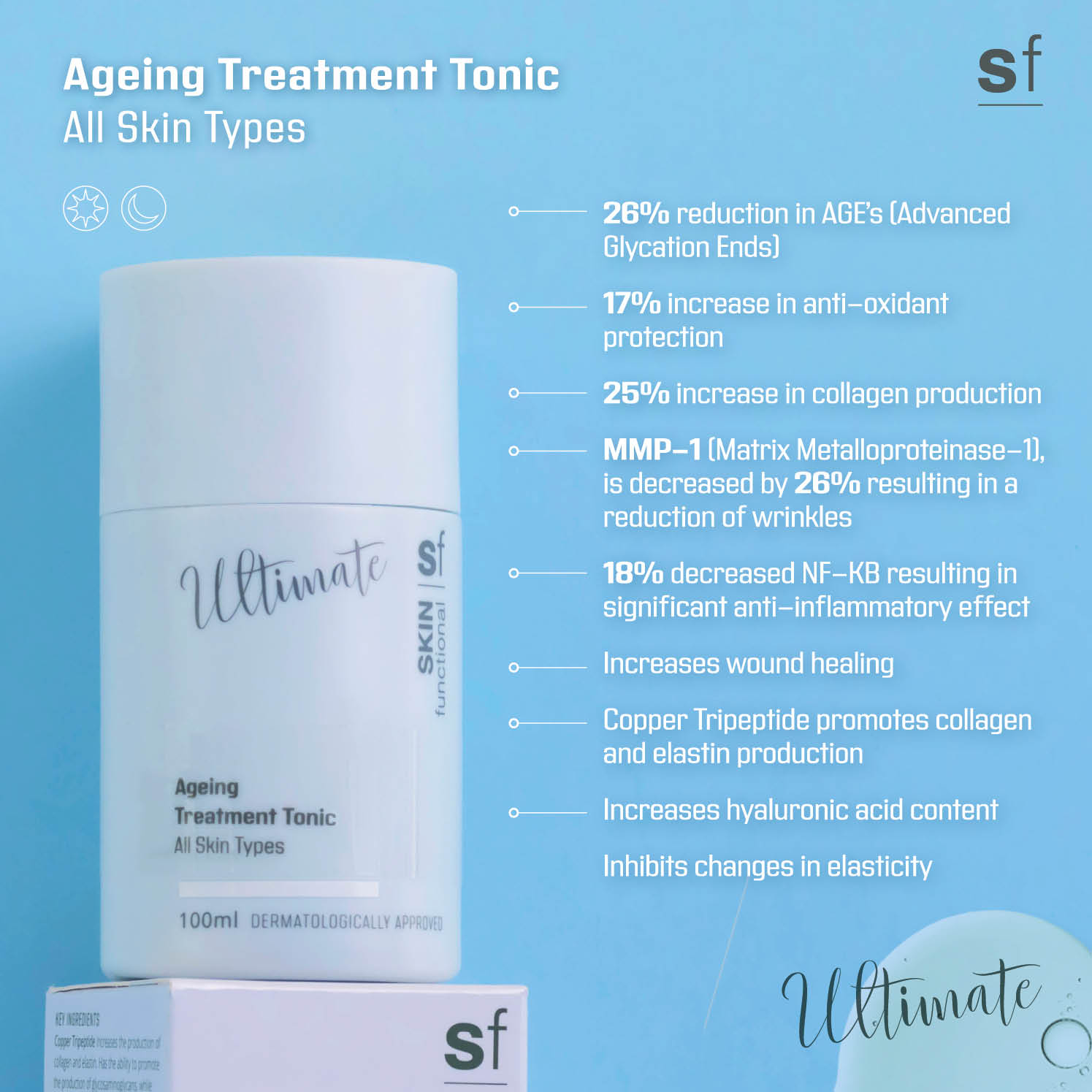 Skin Functional Ageing Treatment Tonic Moisturiser Skincare product bottle with packaging and background
