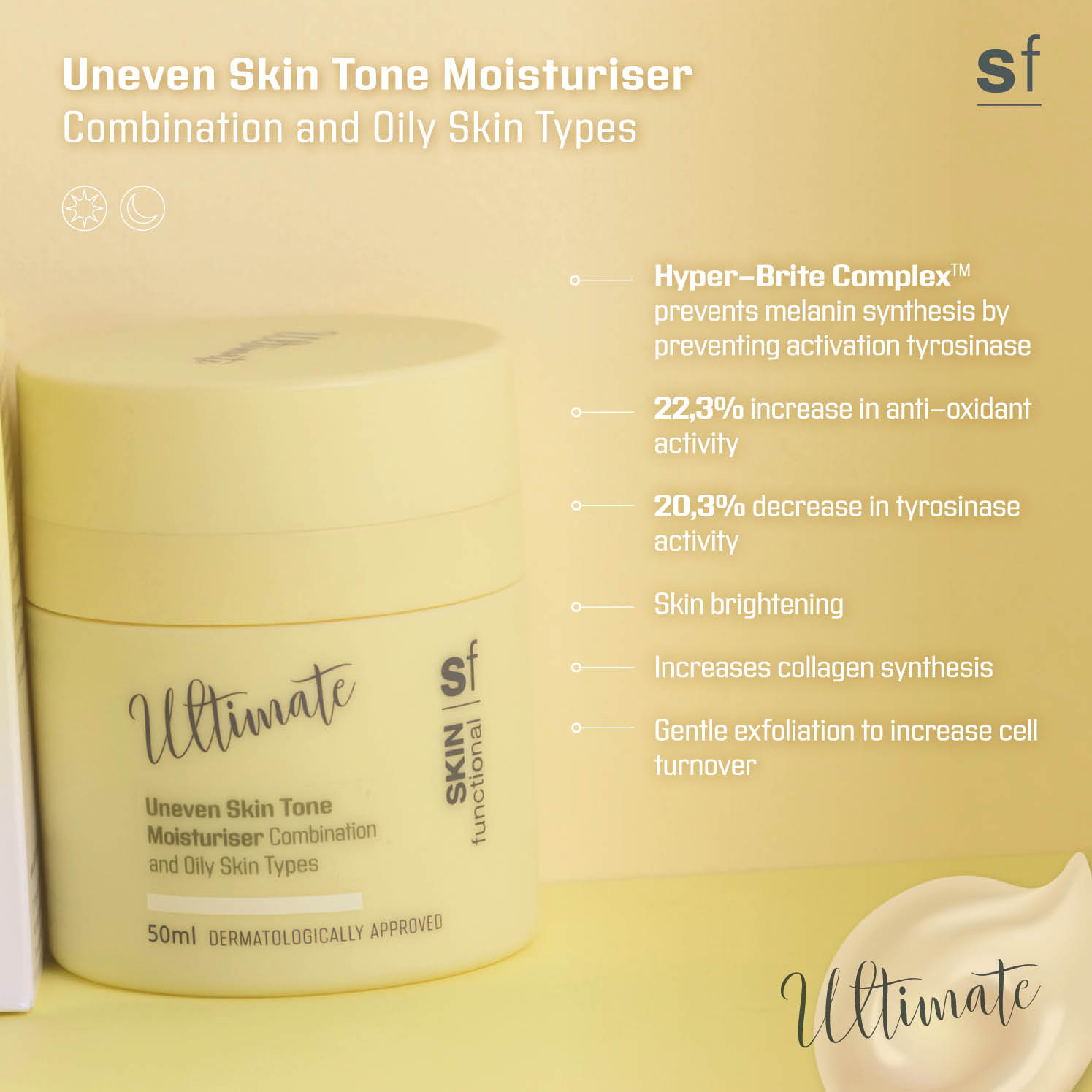 Skincare product with text detailing its benefits for uneven skin tone, combination, and oily skin types.