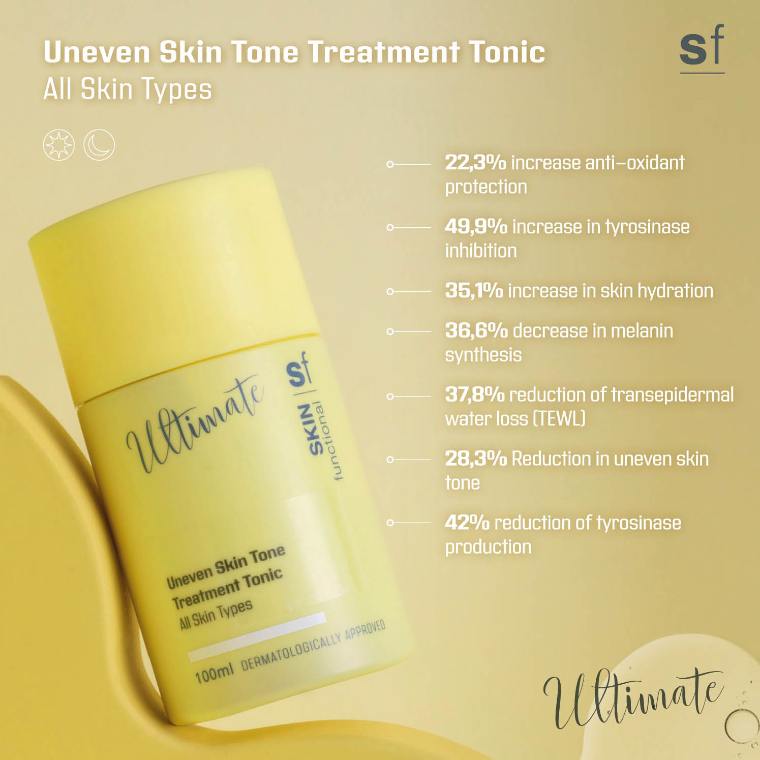 Yellow skincare bottle labeled 'Ultimate Skin' with text about skin tone treatment tonic on a beige background.