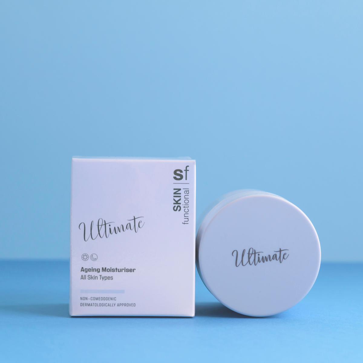 Skin Functional Ageing Moisturiser Skincare product bottle with packaging and background