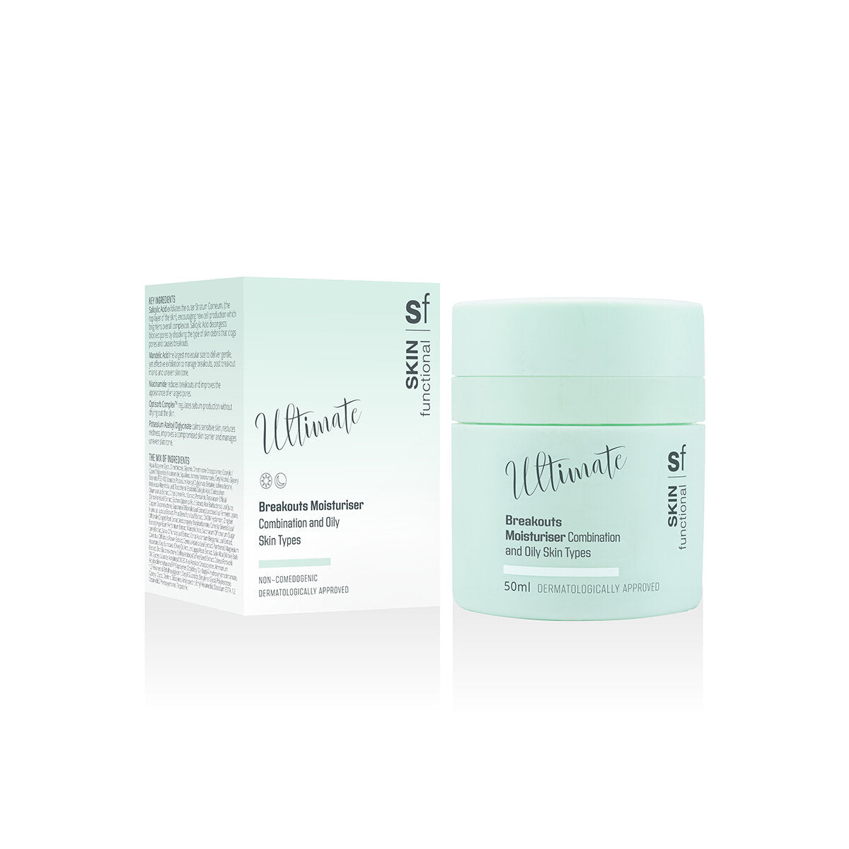 Skin Functional Breakouts Treatment Tonic Skincare product bottle with packaging and background