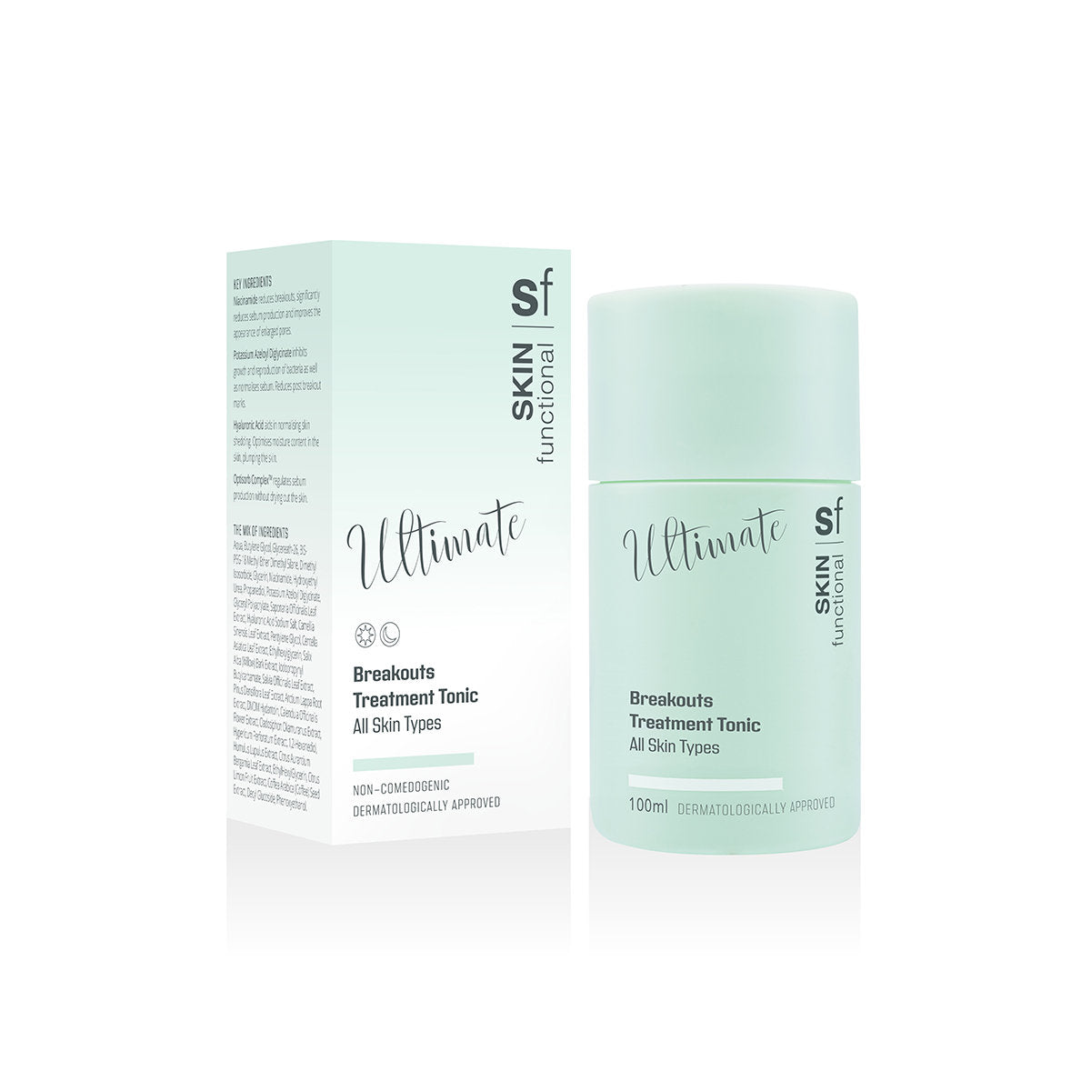 Skin Functional Breakouts Treatment Tonic Skincare product bottle with packaging and background
