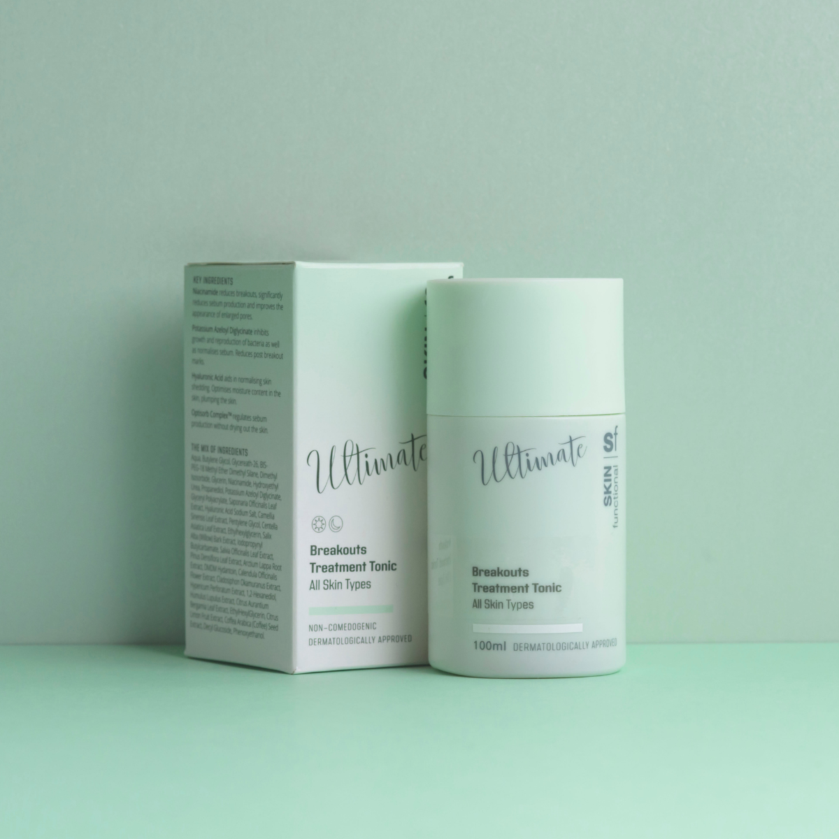 Skin Functional Breakouts Treatment Tonic Skincare product bottle with packaging and background