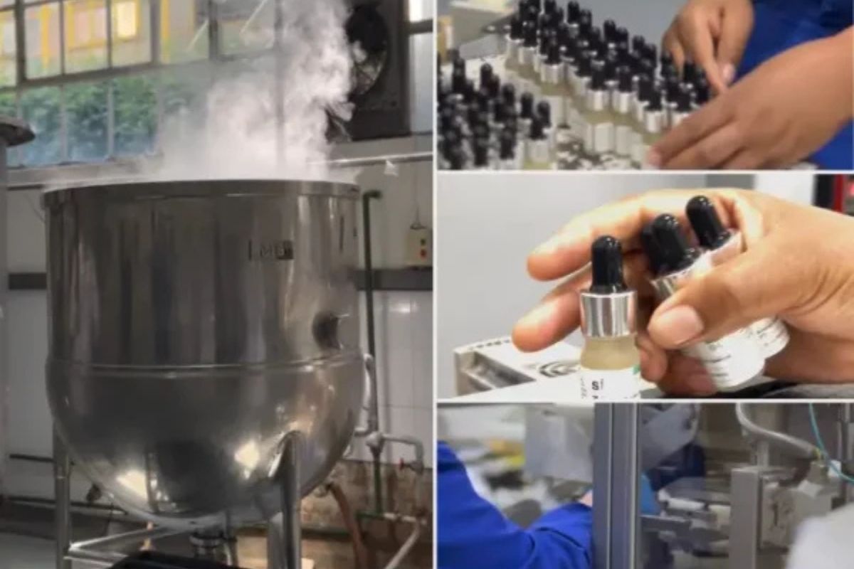 SKIN Functional Manufacturing and Packaging team doing work in the factory creating skincare products