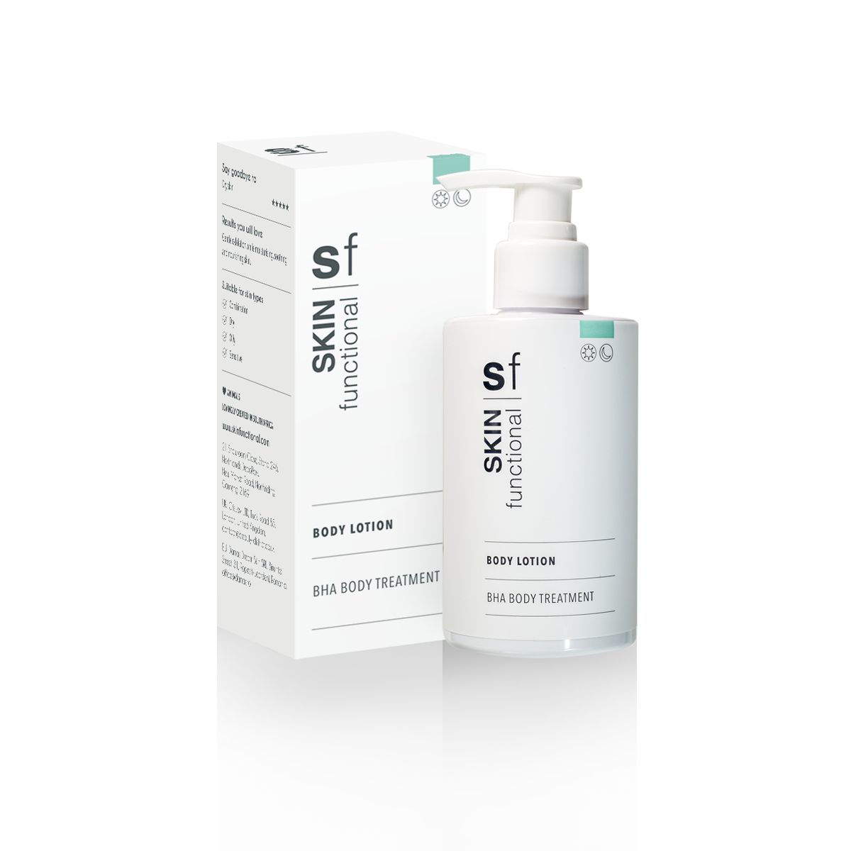 Skin Functional body lotion and packaging on a white background