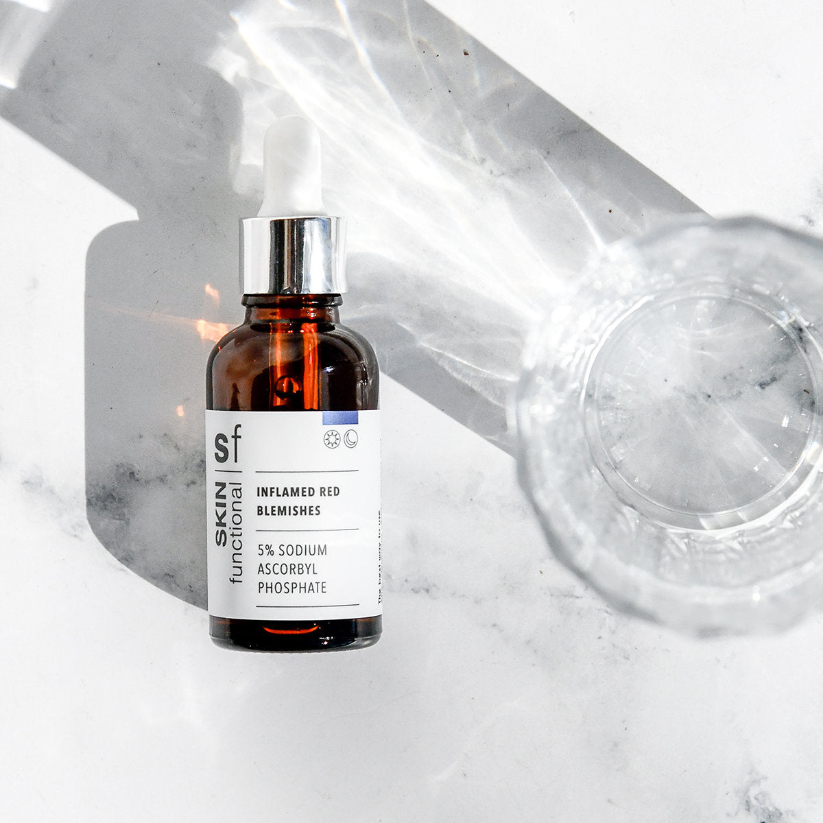 SKIN Functional Inflamed Red Blemishes with details skincare product on a grey background