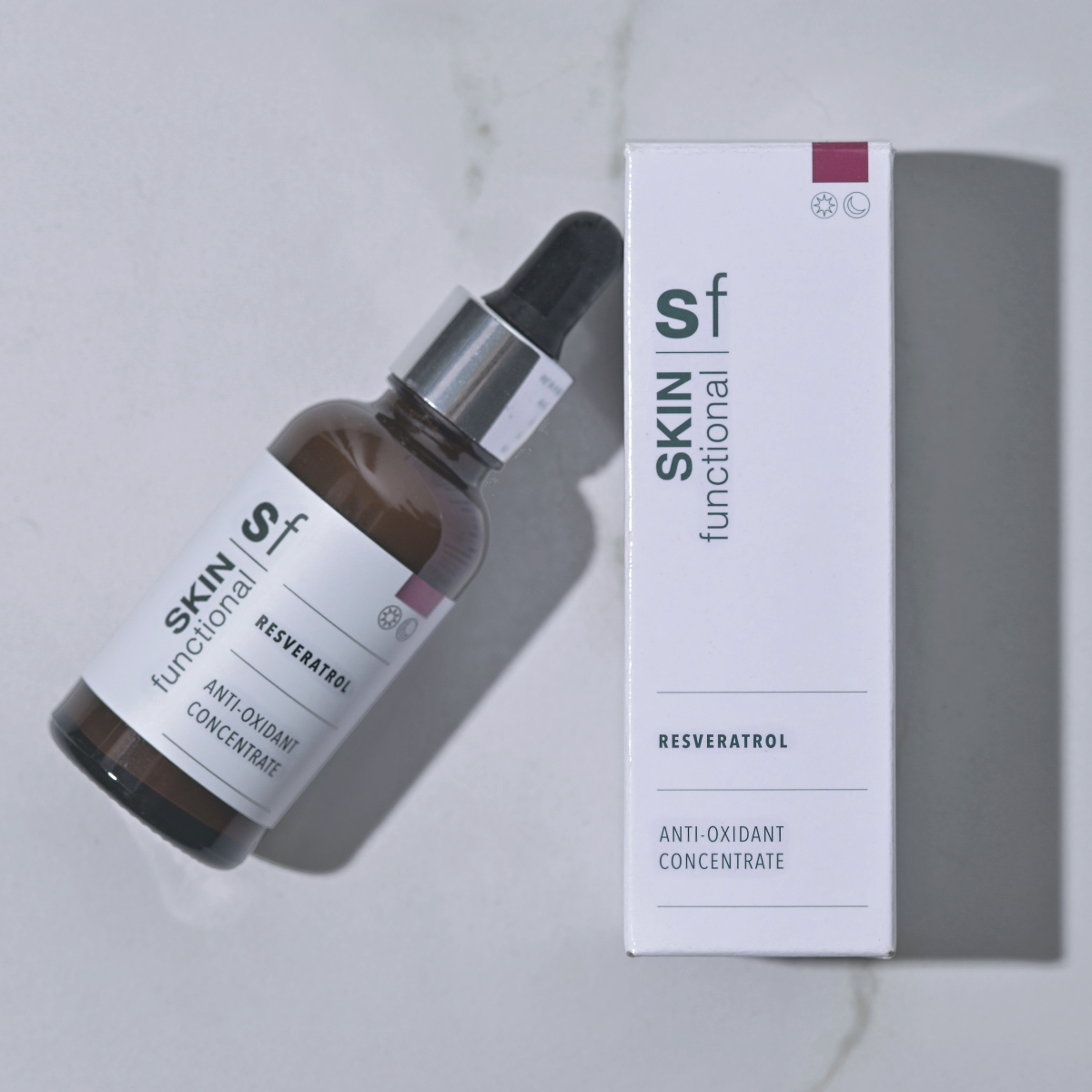 Skin Functional Resveratrol anti-oxidant concentrate bottle and box on a light background