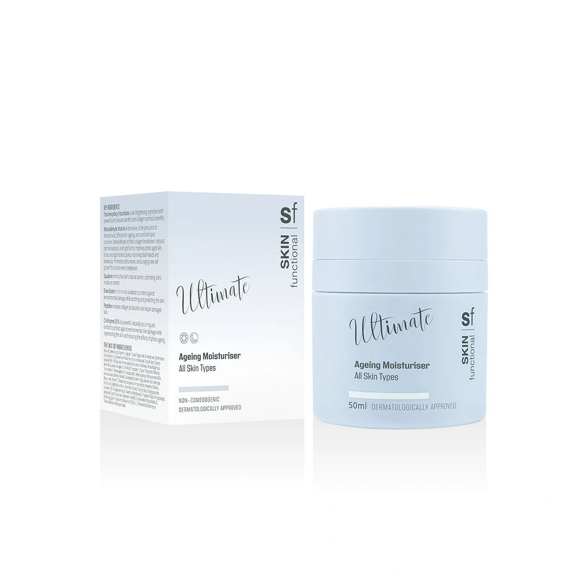 Skin Functional Ageing Moisturiser Skincare product bottle with packaging and background
