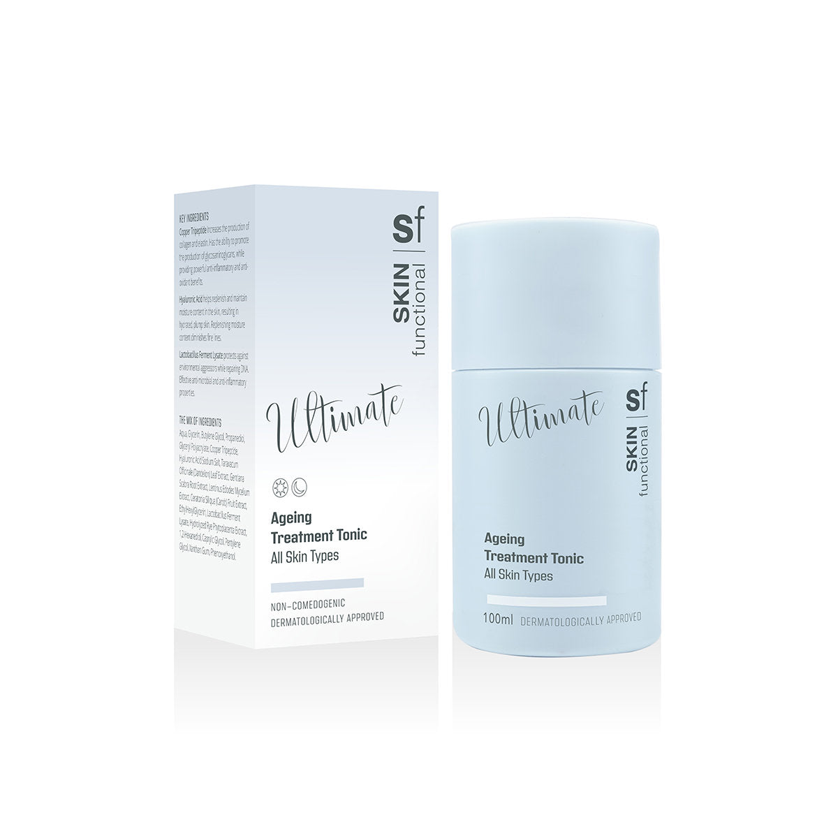 Skin Functional Ageing Treatment Tonic Moisturiser Skincare product bottle with packaging and background