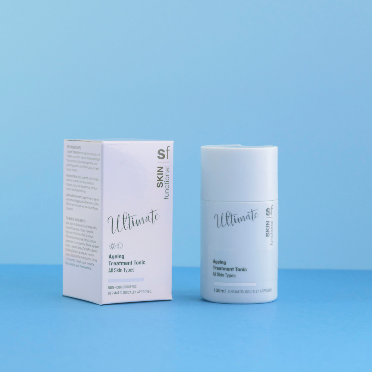 Skin Functional Ageing Treatment Tonic Moisturiser Skincare product bottle with packaging and background